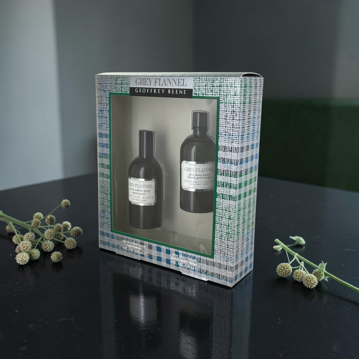 "Grey Flannel Geoffrey Beene iconic vintage cologne set, cedar tonka bean, petitgrain, notes"
