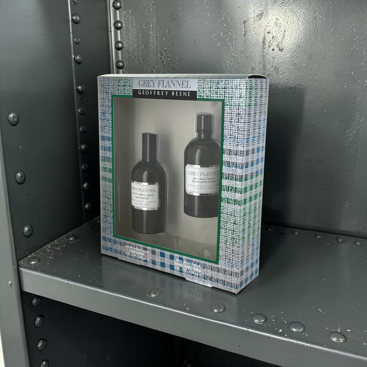 "Geoffrey Beene Grey Flannel men's gift set box and bottle packaging"