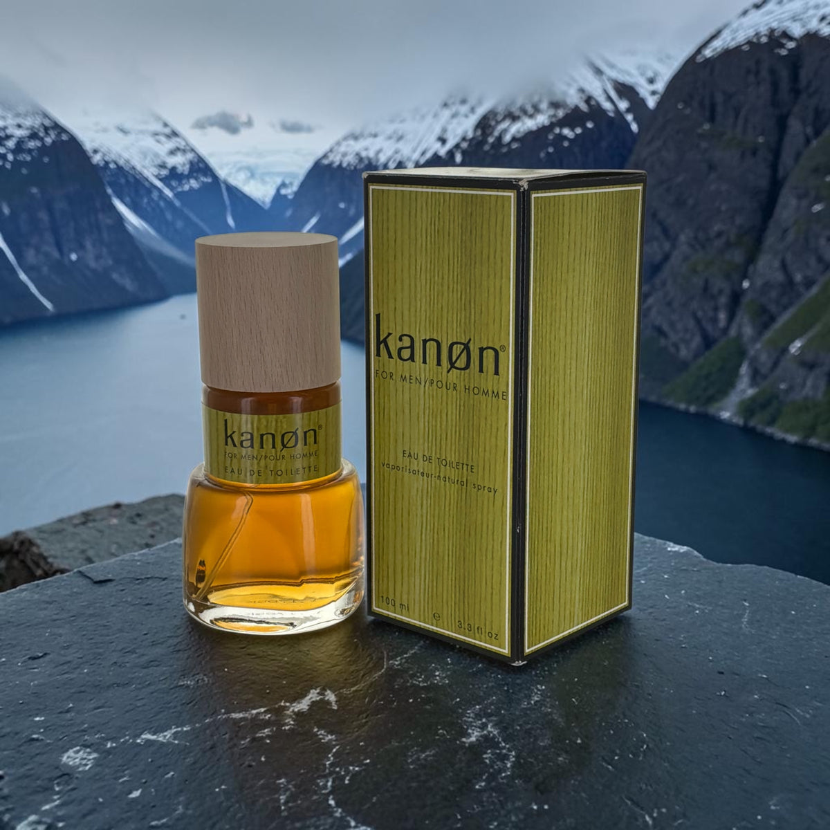 "Kanon Pour Homme men's cologne box, nostalgic decades-loved packaging"