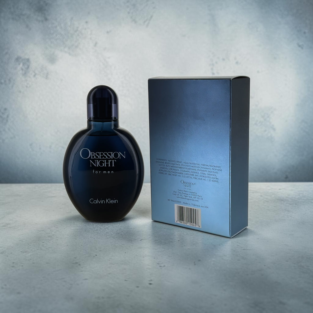 "Calvin Klein Obsession Night men's cologne box, oriental woody packaging"
