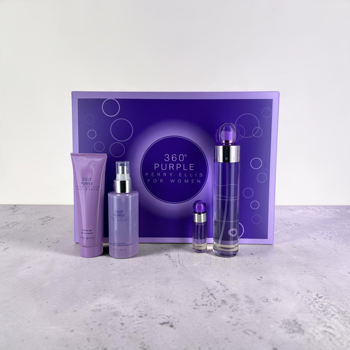 "360 Purple by Perry Ellis perfume set with body lotion and shower gel"