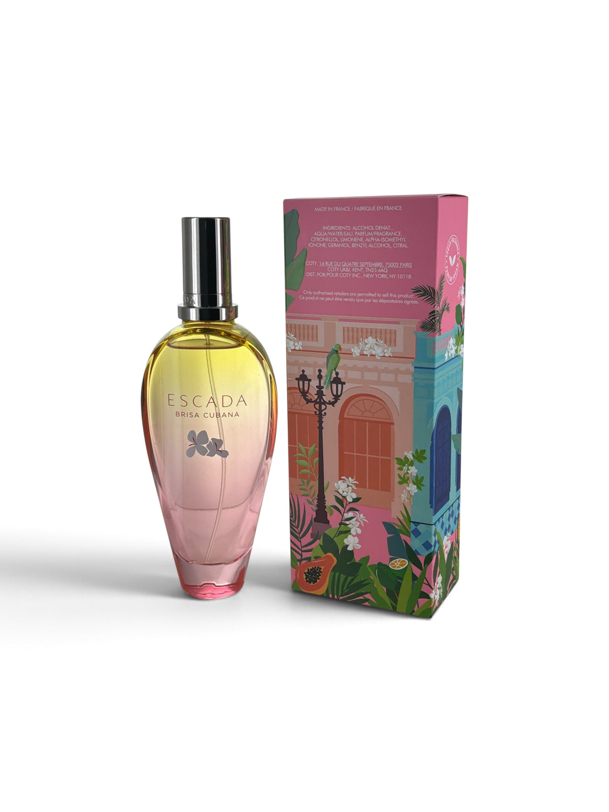 "Brisa Cubana Escada fresh citrus-green perfume for women, bottle next to its packaging"