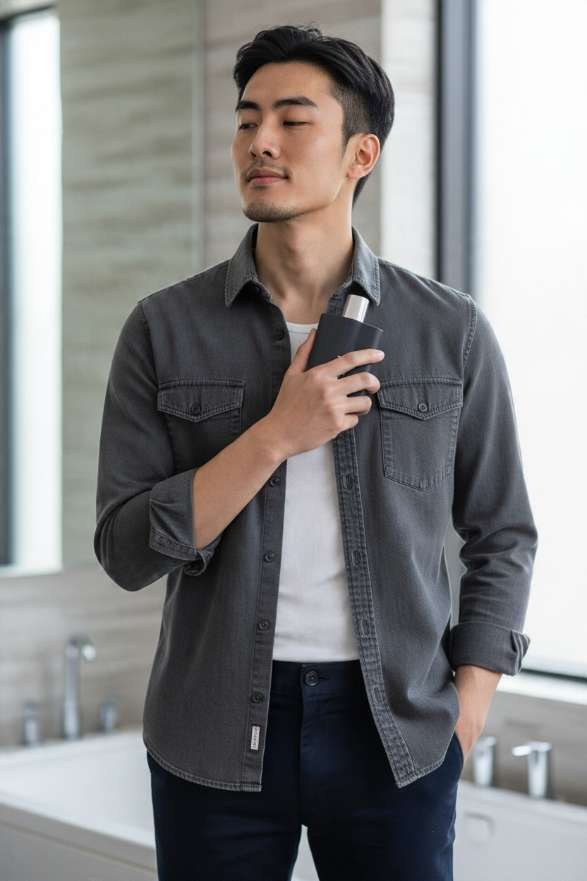 "Denim Original Penguin men's fragrance with musk and sandalwood base, product photo"