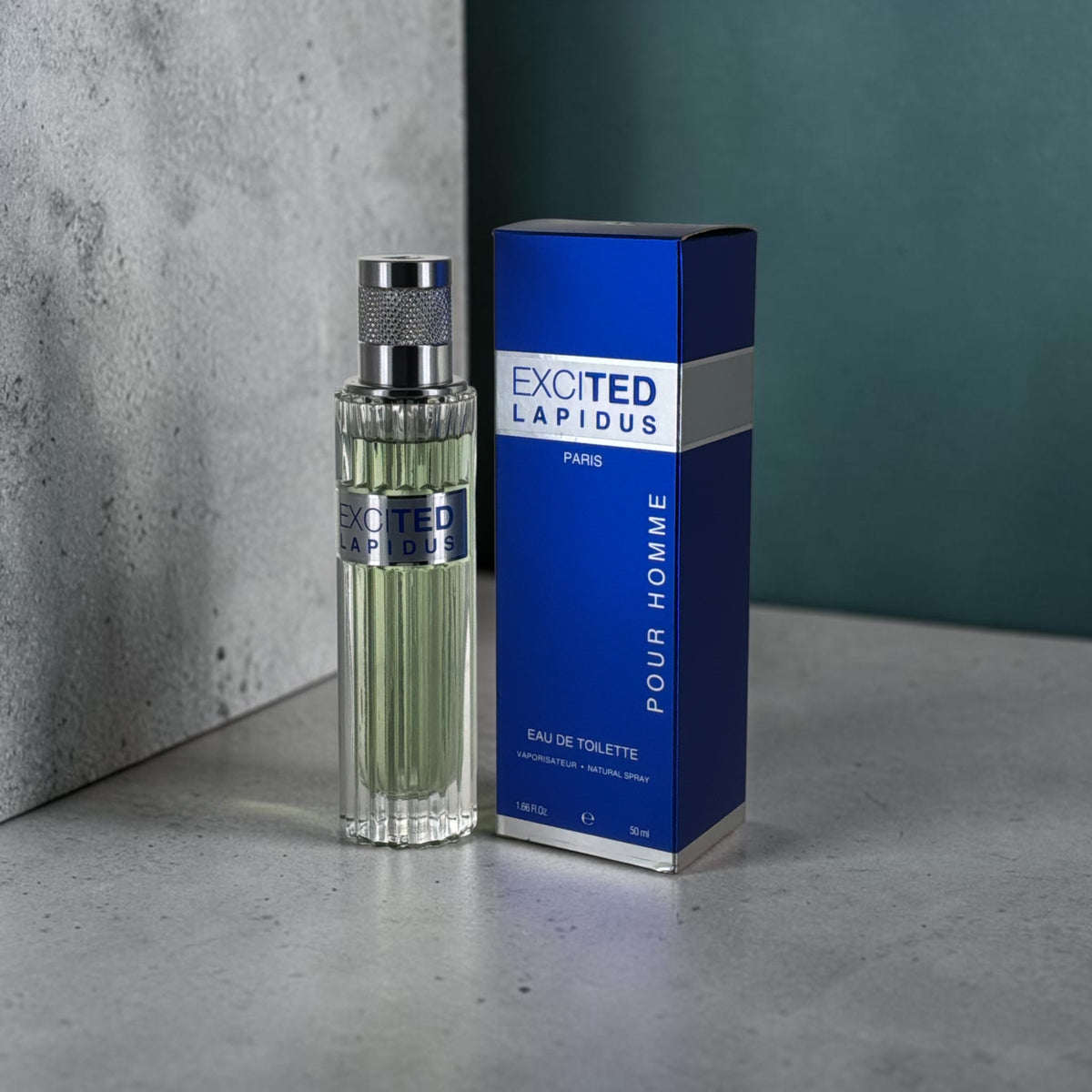 "Excited by Ted Lapidus for men, aromatic cologne with pine and jasmine"