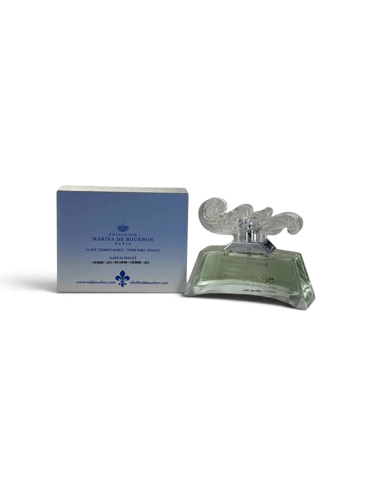 "Princesse Marina de Bourbon Marina Blue women's perfume box and blue bottle. fresh, youthful scent, Oliver Cresp creation"