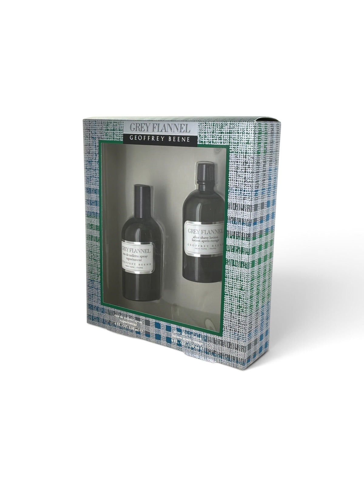 "Grey Flannel gift set by Geoffrey Beene for men, floral green cologne with violet and oakmoss"