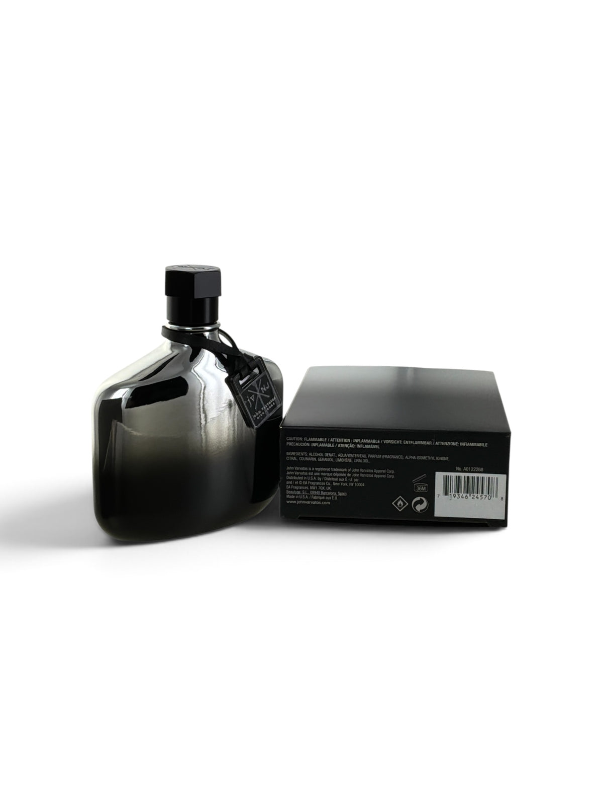 "John Varvatos JV x NJ Silver men's cologne box and bottle packaging, Modern affordable designer scent"