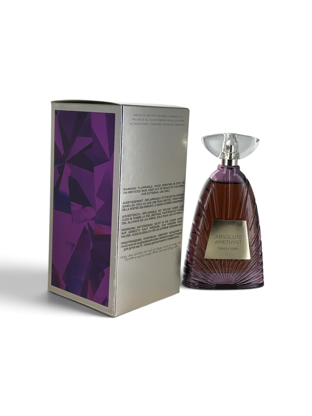 "Thalia Sodi Absolute Amethyst 3.4 oz eau de parfum bottle, purple gemstone design"