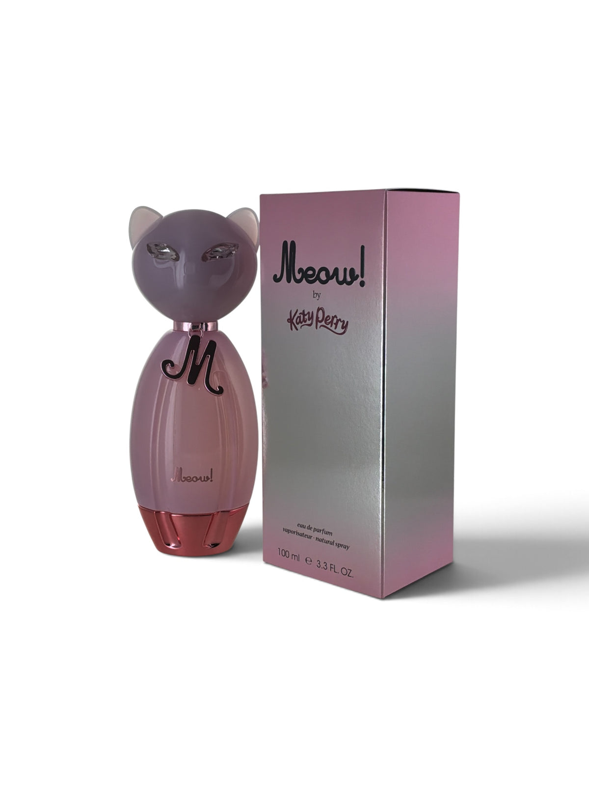 "Meow Katy Perry perfume for women, 3.4 oz Eau de Parfum spray in a cat-shaped bottle with box"