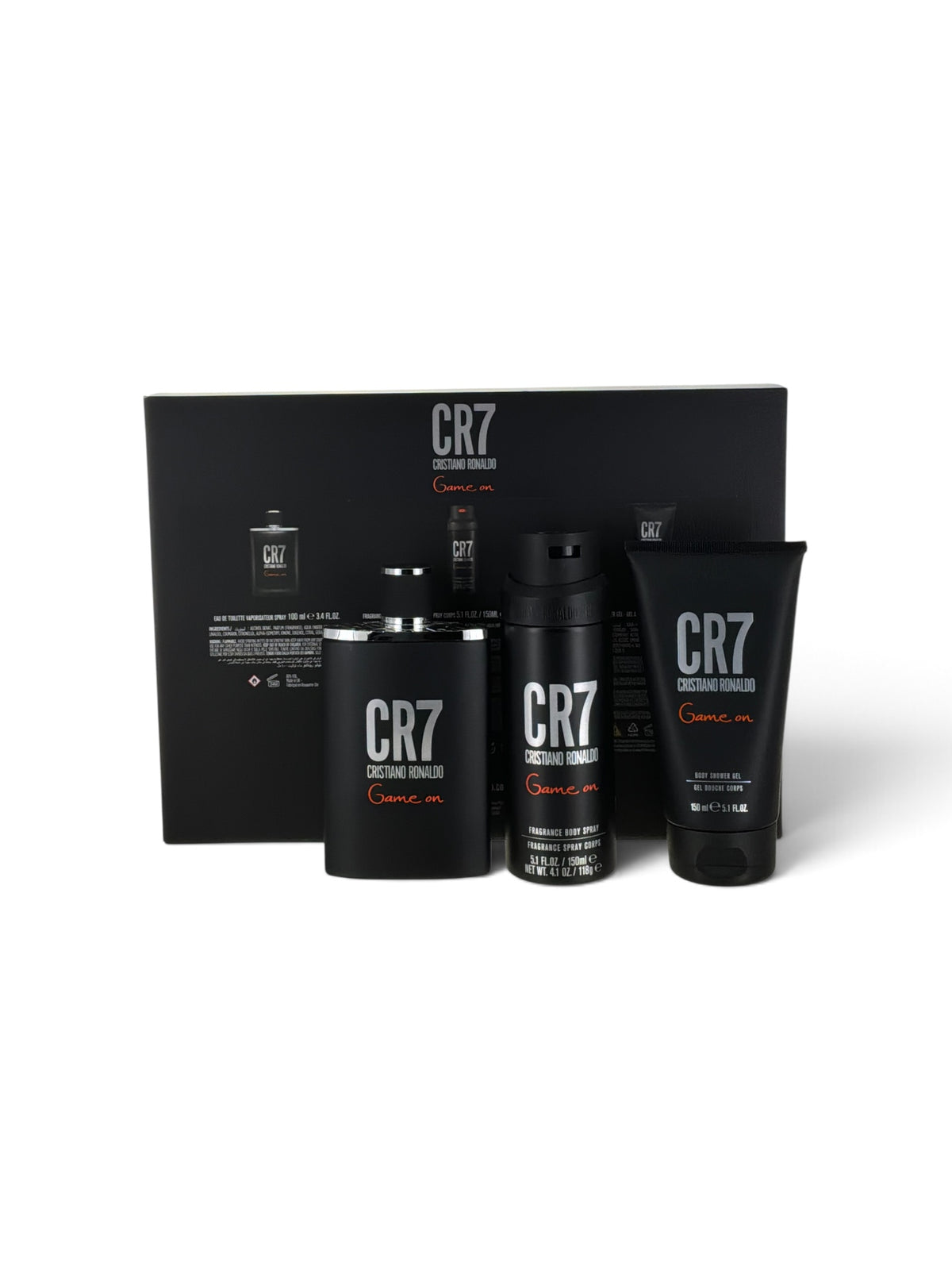"Cristiano Ronaldo CR7 Game On men's cologne gift set box packaging"