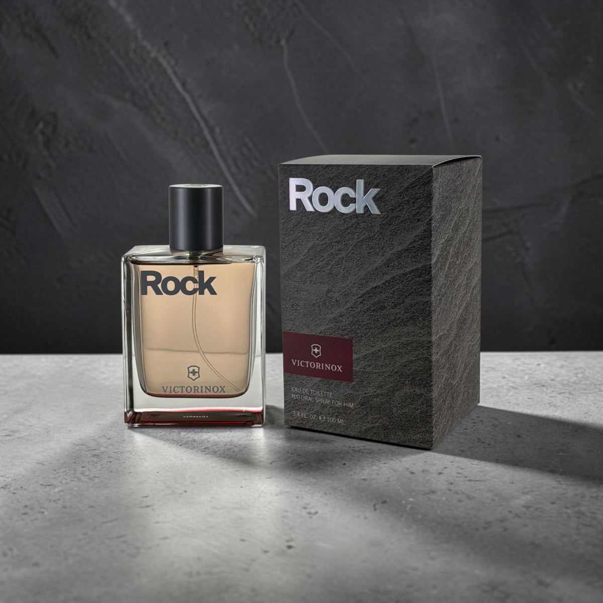 "Victorinox Swiss Army Rock men's cologne with cumin, cedar wood and leather notes, front view"