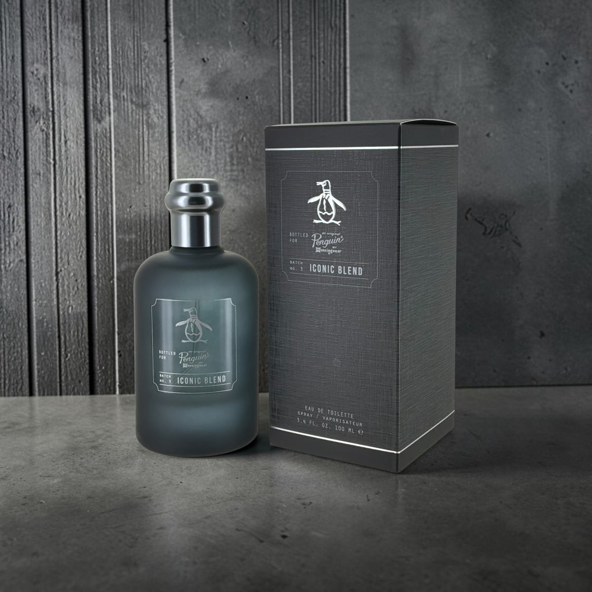 "Original Penguin Iconic Blend men's cologne with bergamot, violet leaf and sandalwood notes, front view"